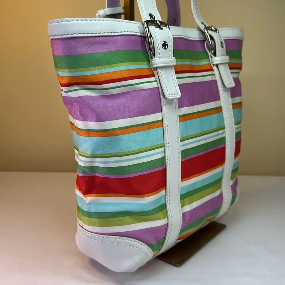 Coach Y2K Hampton Multi color striped fabric and leather tote 2007 - Picture 7 of 15